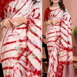 Red and White Tie-Dye Saree with Embellishments